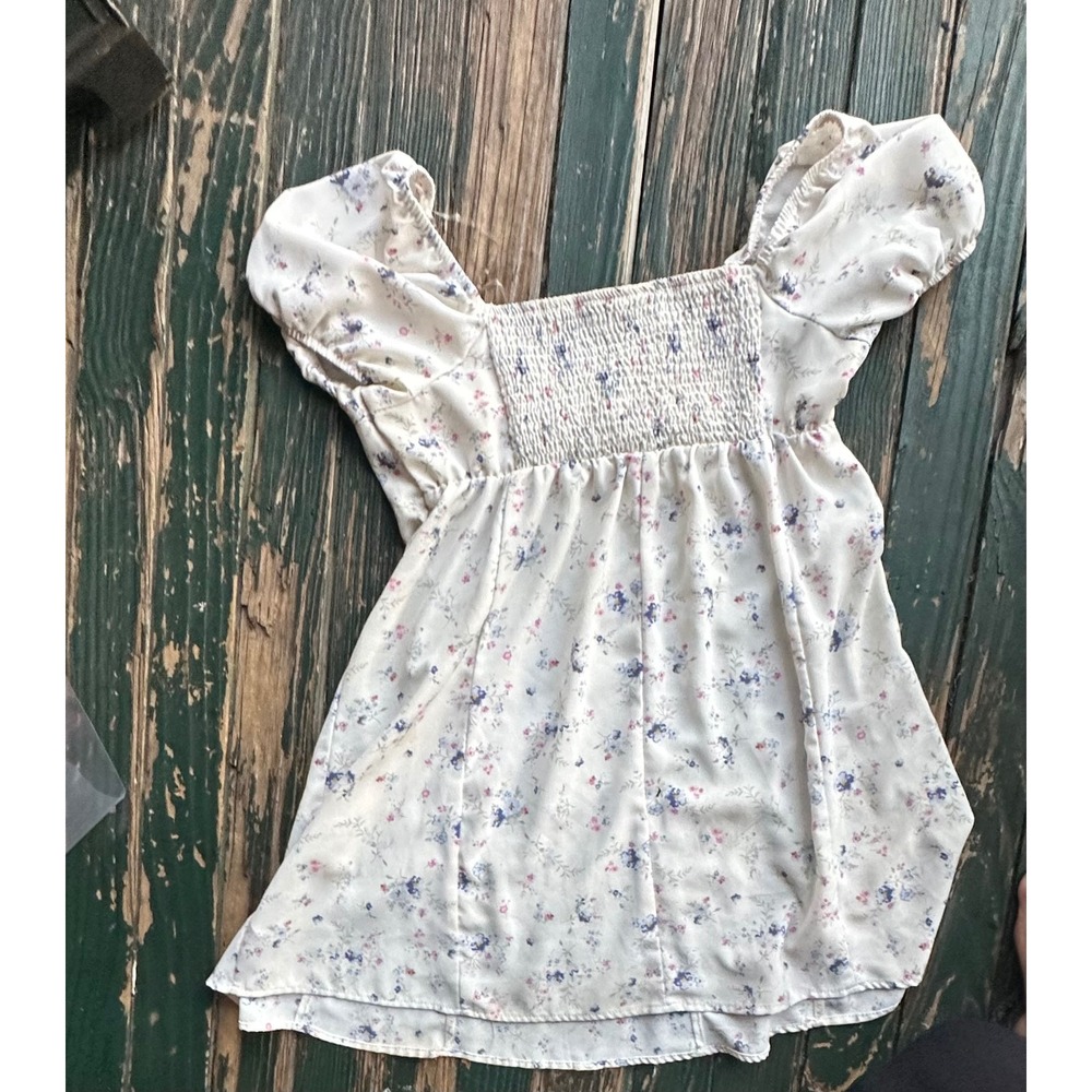 No Boundaries Floral Puff Sleeve Smocked Babydoll Top Cream Blue Pink Large L